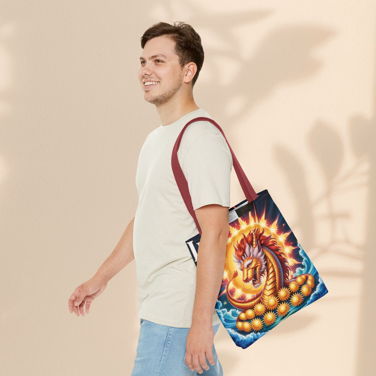 Leo Zodiac Tote Bag – Golden Dragon Sun Celestial Art | 3 Sizes | 5 Handle Colours | Leo Birthday Gift & Astrology Bag