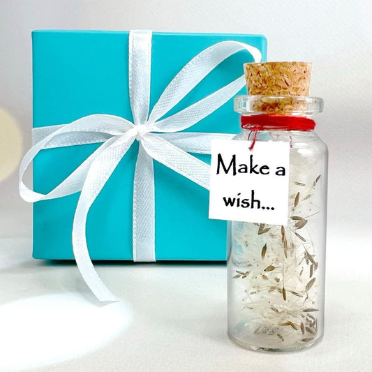 Turquoise gift box with white ribbon bow and miniature wish bottle jar label