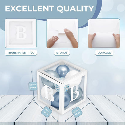 Close-up of four white framed letter boxes holding blue balloons