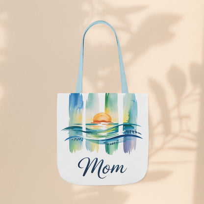 Mom Ocean Sunset Canvas Tote Bag – Watercolour Triptych Design | Polyester Canvas | 3 Sizes × 5 Strap Colours | Gift for Mom