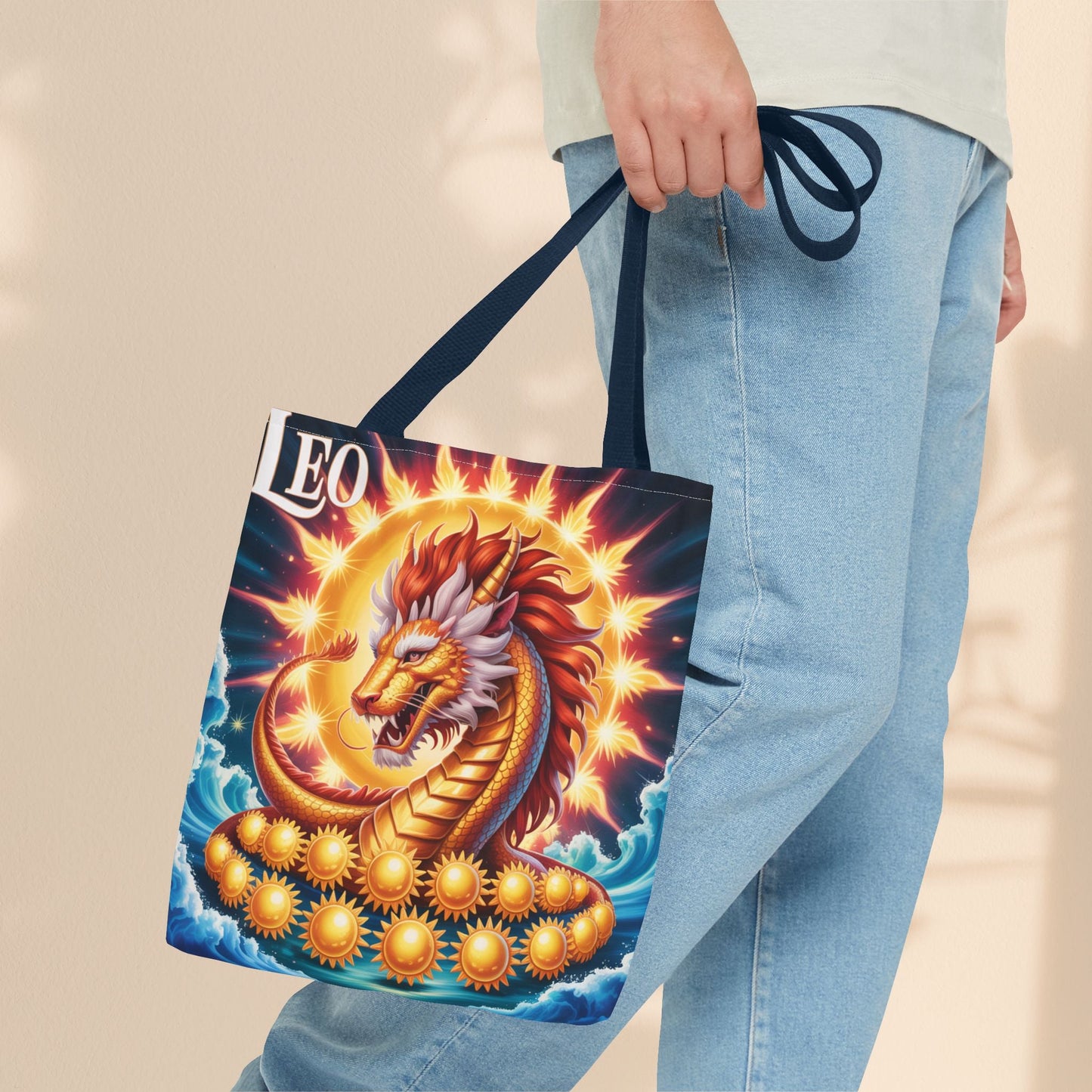 Leo Zodiac Tote Bag – Golden Dragon Sun Celestial Art | 3 Sizes | 5 Handle Colours | Leo Birthday Gift & Astrology Bag
