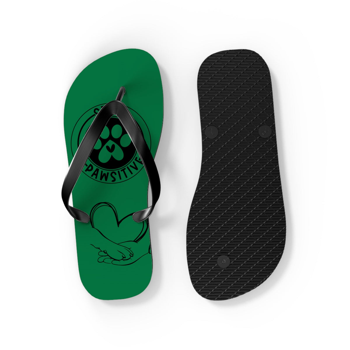 Green flip-flops with black textured outsoles; paw-print “PAWSITIVE” on the top