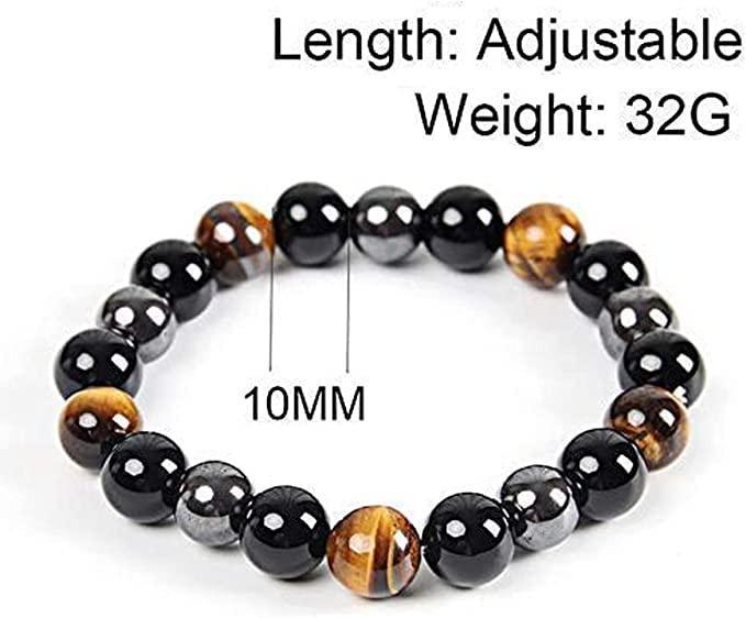 Beaded bracelet with round black stones, tiger-eye highlights, and metallic silver hematite beads