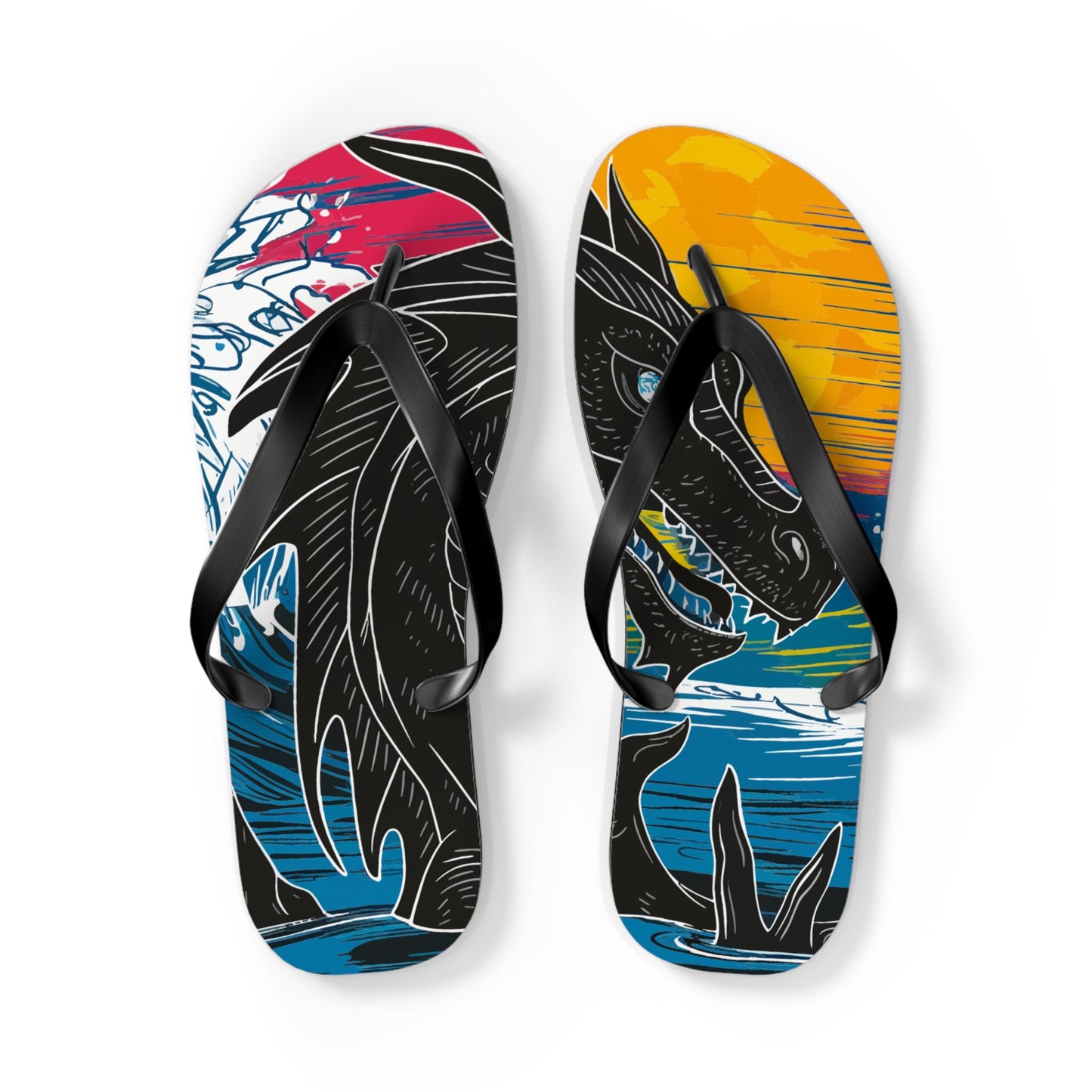 Flip flops front view with colorful dragon print and black straps; flat black sole.