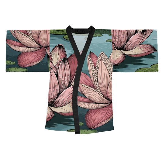 Lotus Blossom Kimono Robe - Long Sleeve Lotus Flower Wrap for Lounging, Spa Days, Meditation, and Resort Wear XS to 2XL