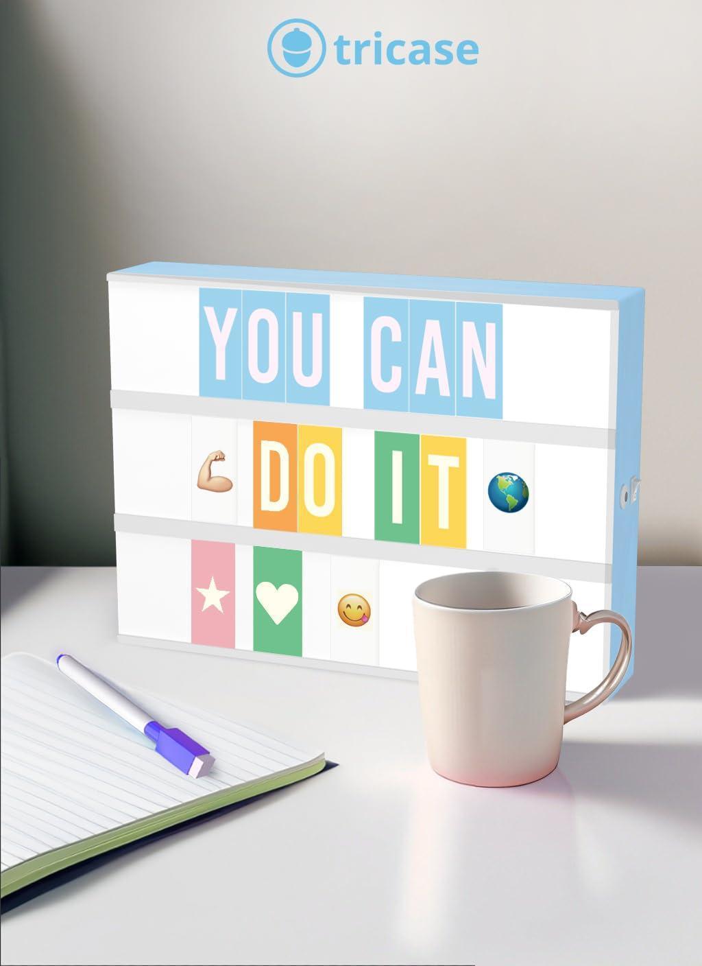 Blue LED letter light box showing “YOU CAN DO IT” message tiles