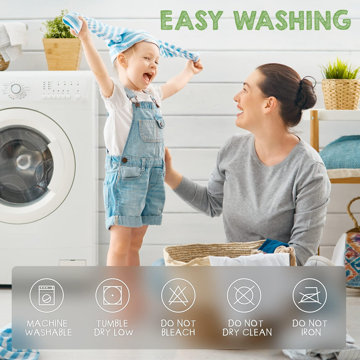White hooded baby towel care icons for machine wash and tumble dry low