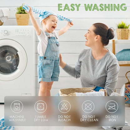 White hooded baby towel care icons for machine wash and tumble dry low
