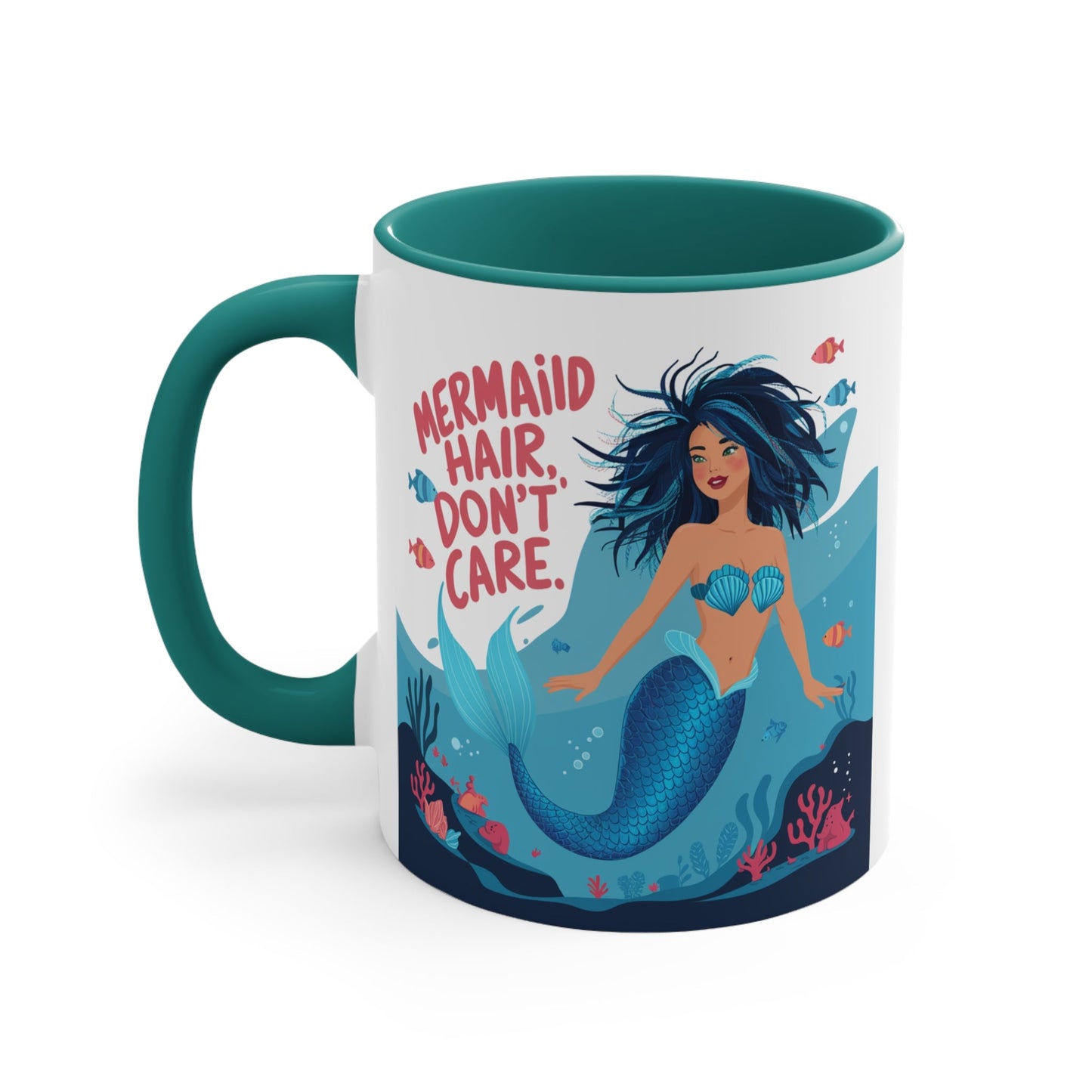 Mermaid Hair Don't Care Accent Mug – Wild Teal Mermaid Underwater Scene | 11oz White Ceramic Blue Green Pink or Red | Ocean Attitude Coffee Gift
