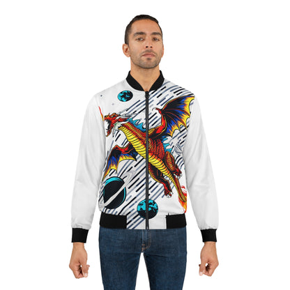 Galaxy Dragon Bomber Jacket - Red Dragon in Space Comic Art on White, Fantasy Streetwear for Men and Women XS to 5XL