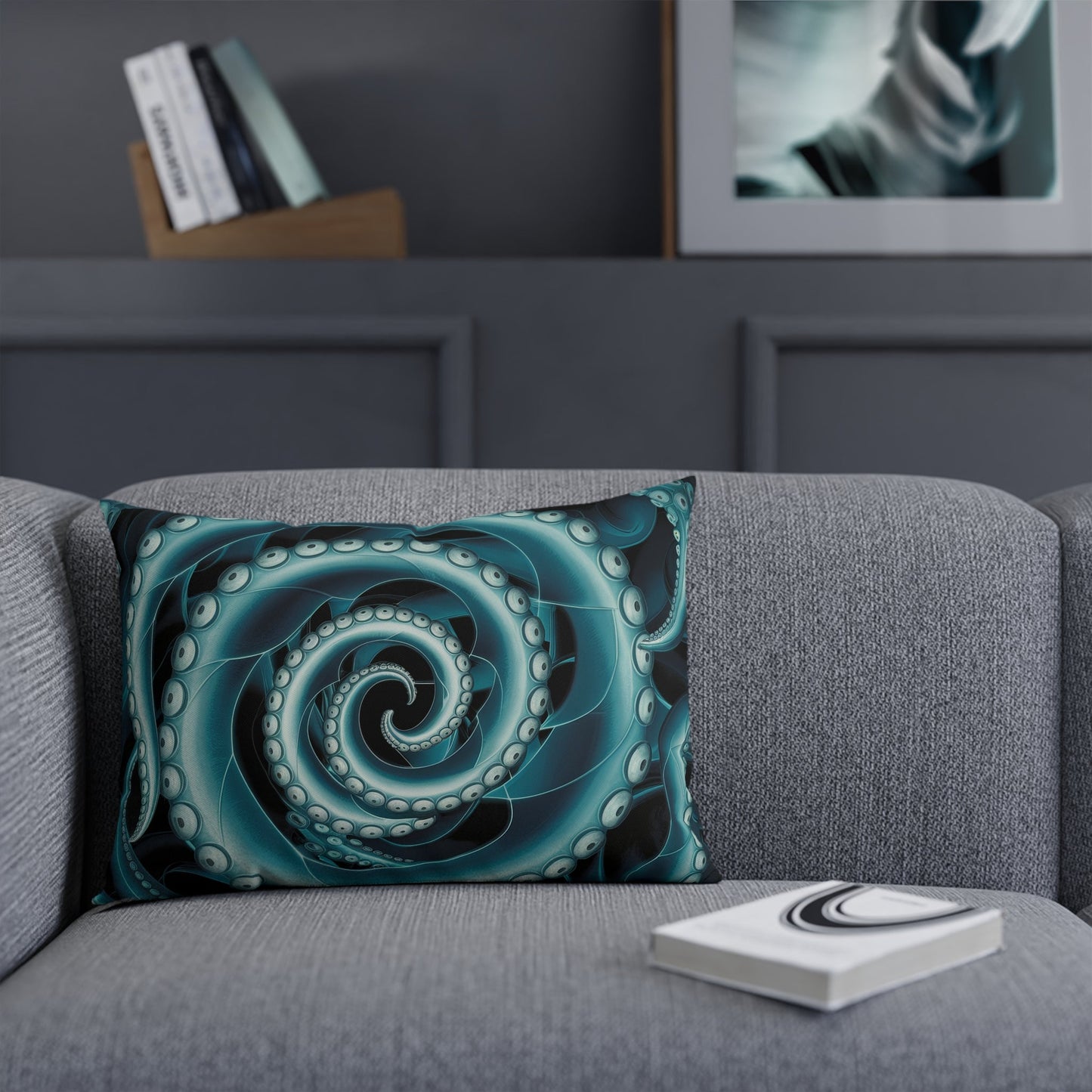 Octopus Spiral Tentacle Cushion – Hypnotic Bioluminescent Teal & Black Deep Sea Art | Cotton Cover | Double-Sided Print | 3 Sizes | Gothic Ocean Home Decor