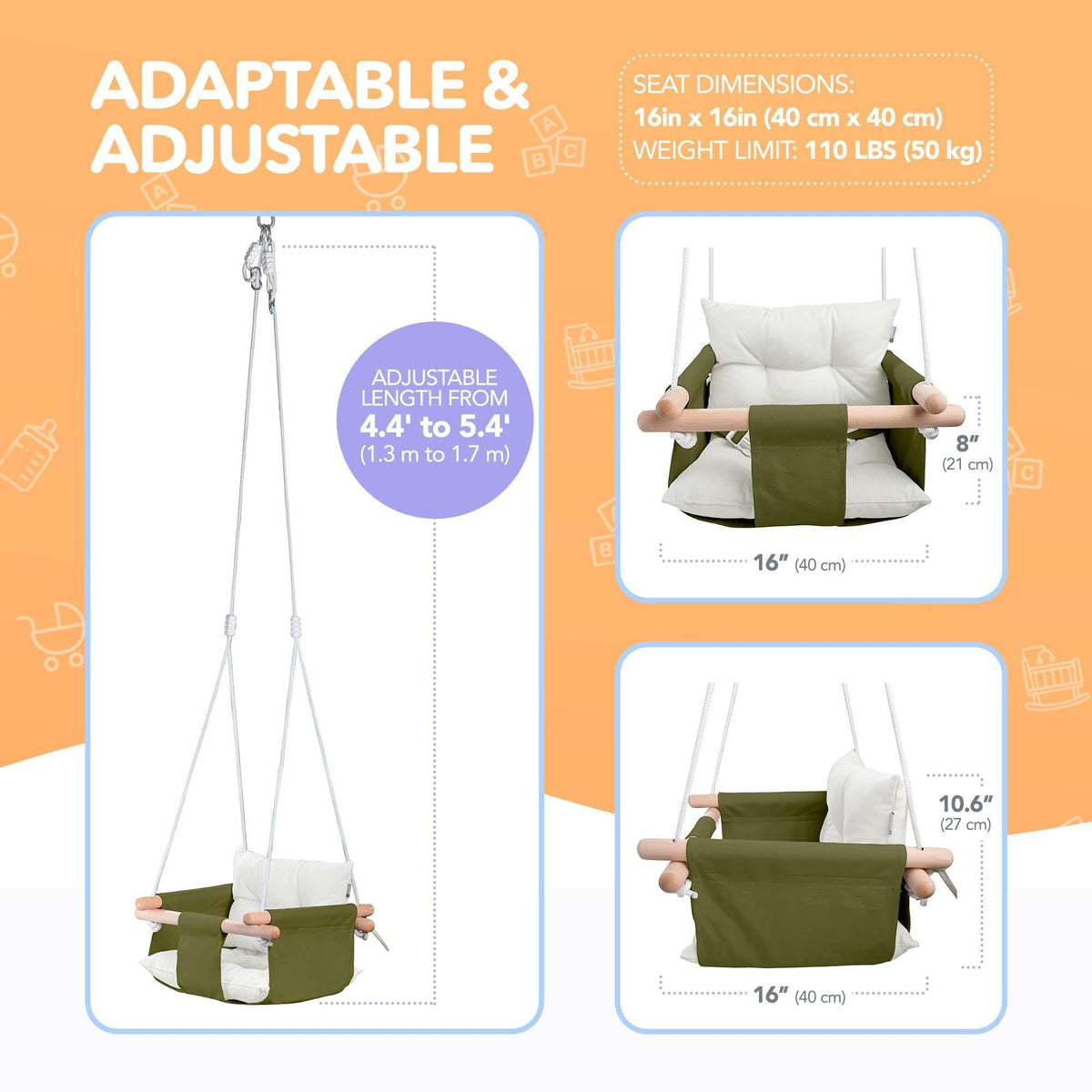 Olive canvas hanging baby swing with padded insert and adjustable hanging straps