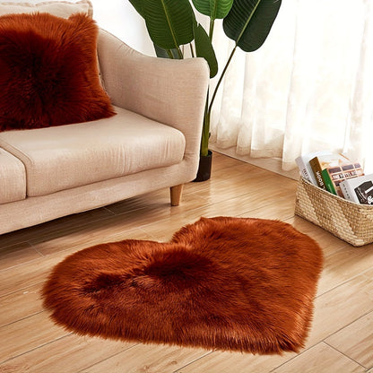 Rust brown heart-shaped plush area rug with dense soft faux fur