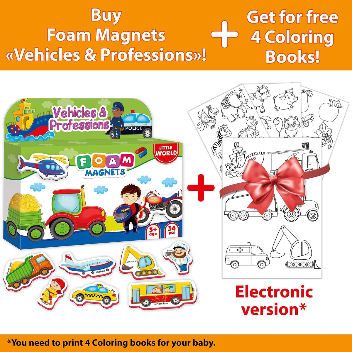 Foam magnet set shown with free coloring books and vehicle/profession illustrations