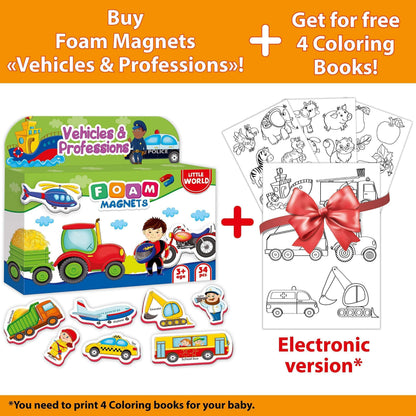 Foam magnet set shown with free coloring books and vehicle/profession illustrations