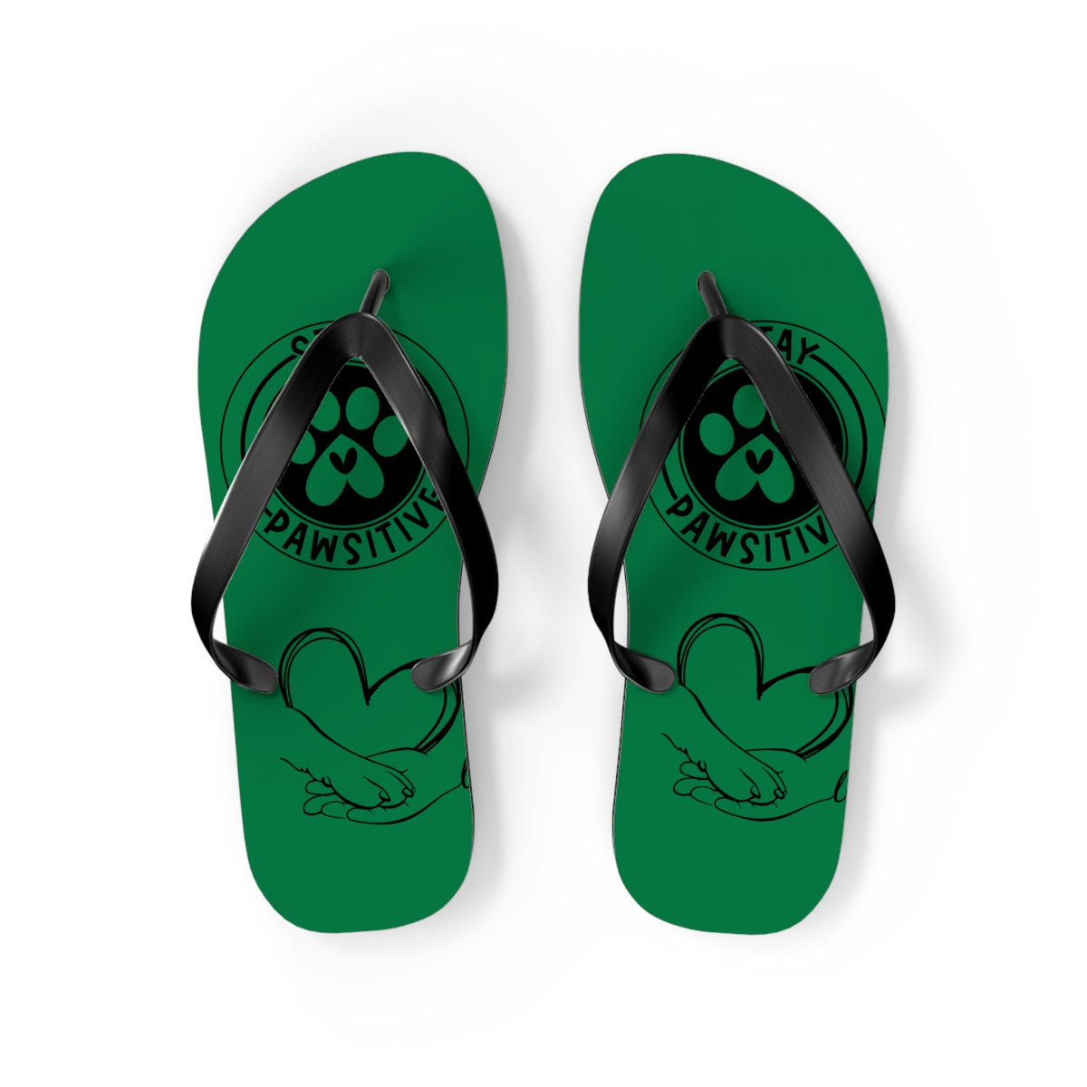 Green flip-flops, black thong straps, paw-print “PAWSITIVE” logo on the front