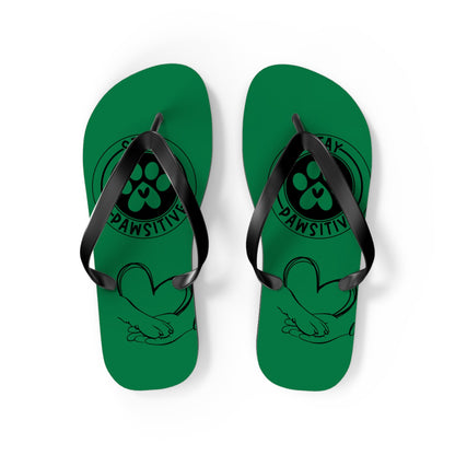 Green flip-flops, black thong straps, paw-print “PAWSITIVE” logo on the front