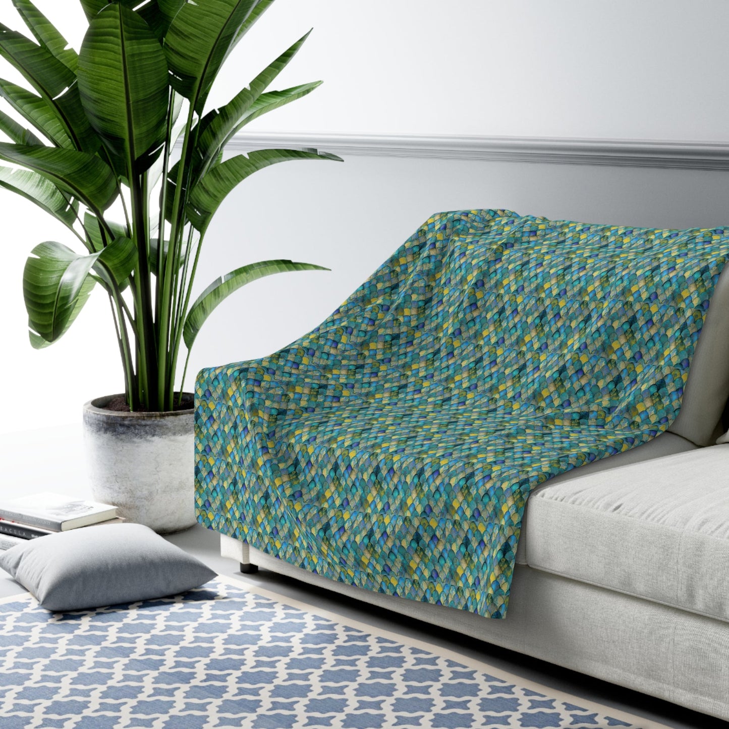 Mermaid Scale Sherpa Fleece Blanket – All-Over Teal & Ocean Scale Print | Plush Sherpa Back | 50” × 60” & 60” × 80” | Mermaid Gift