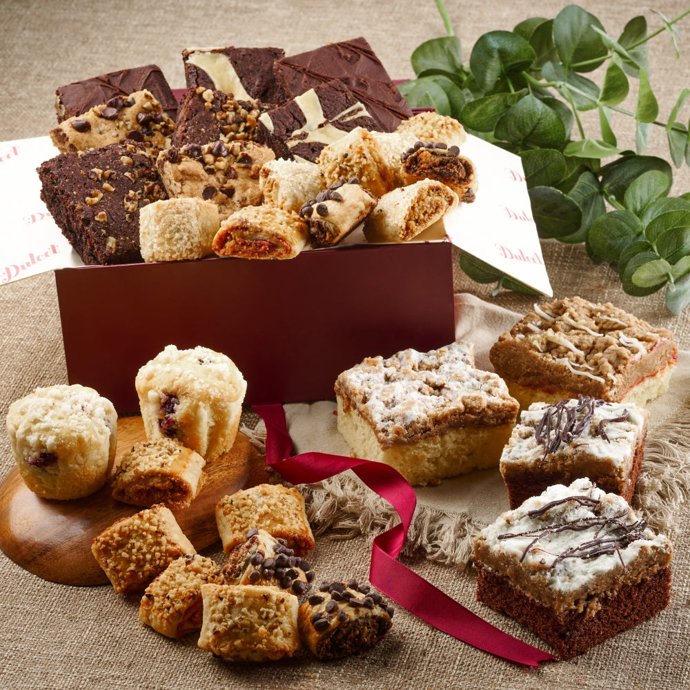 Assorted gift basket of brownies and cookies with ribbon, boxed assortment
