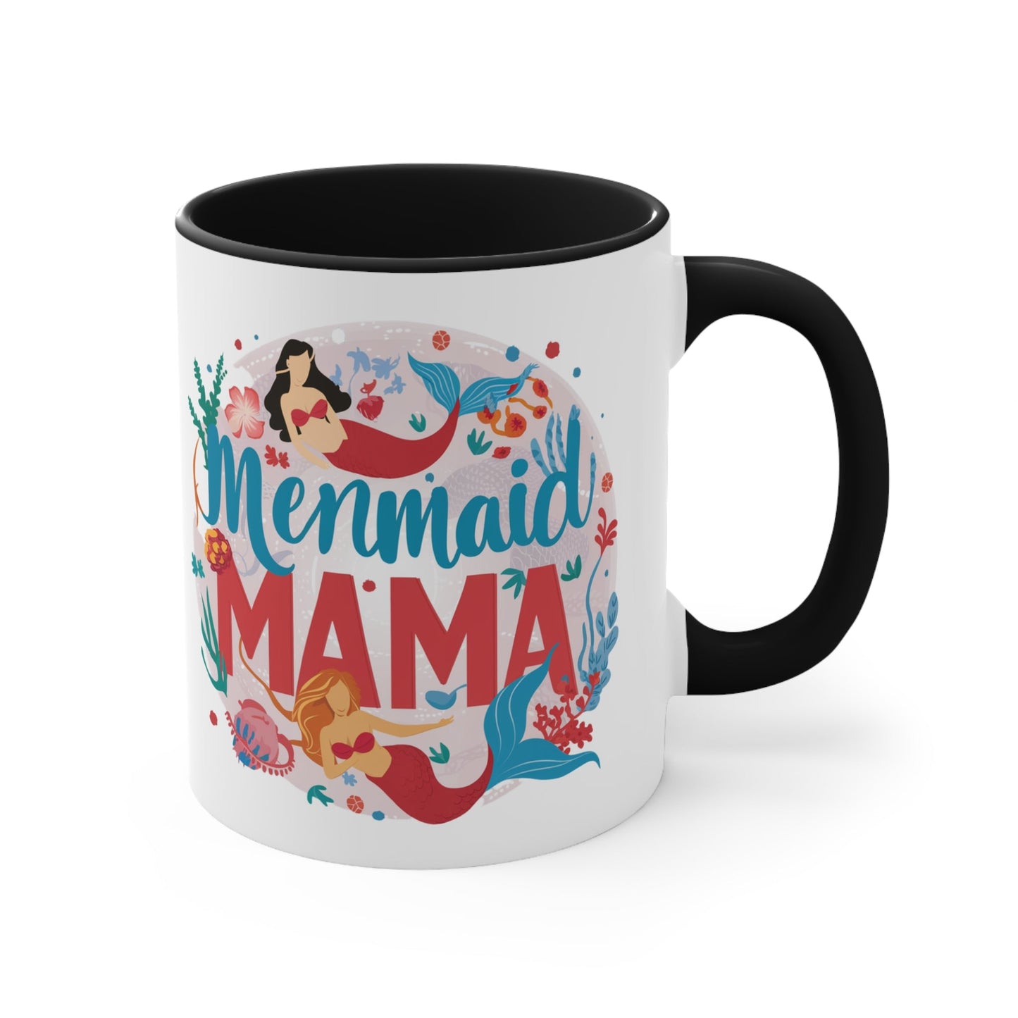 Mermaid Mama Mug – Mother & Daughter Mermaid Illustration | 11oz White Ceramic with Coloured Interior | Pink, Red or Black | Ocean Mum Coffee Tea Gift