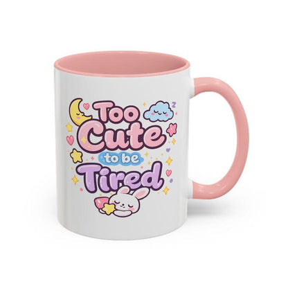 Kawaii bunny mug with pink rim and handle, front shows bunny face with pastel hearts