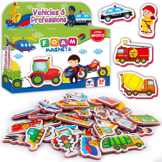 Foam fridge magnets set with colorful vehicles and professions shapes, 34 pieces
