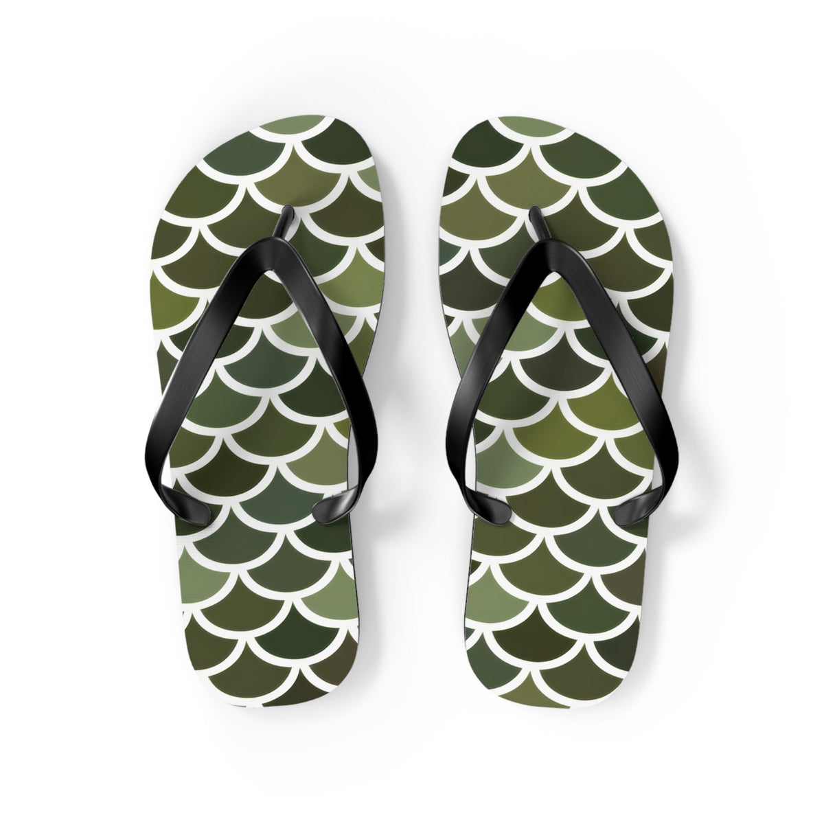 Green flip-flops with white merman scale pattern and black straps on a white background