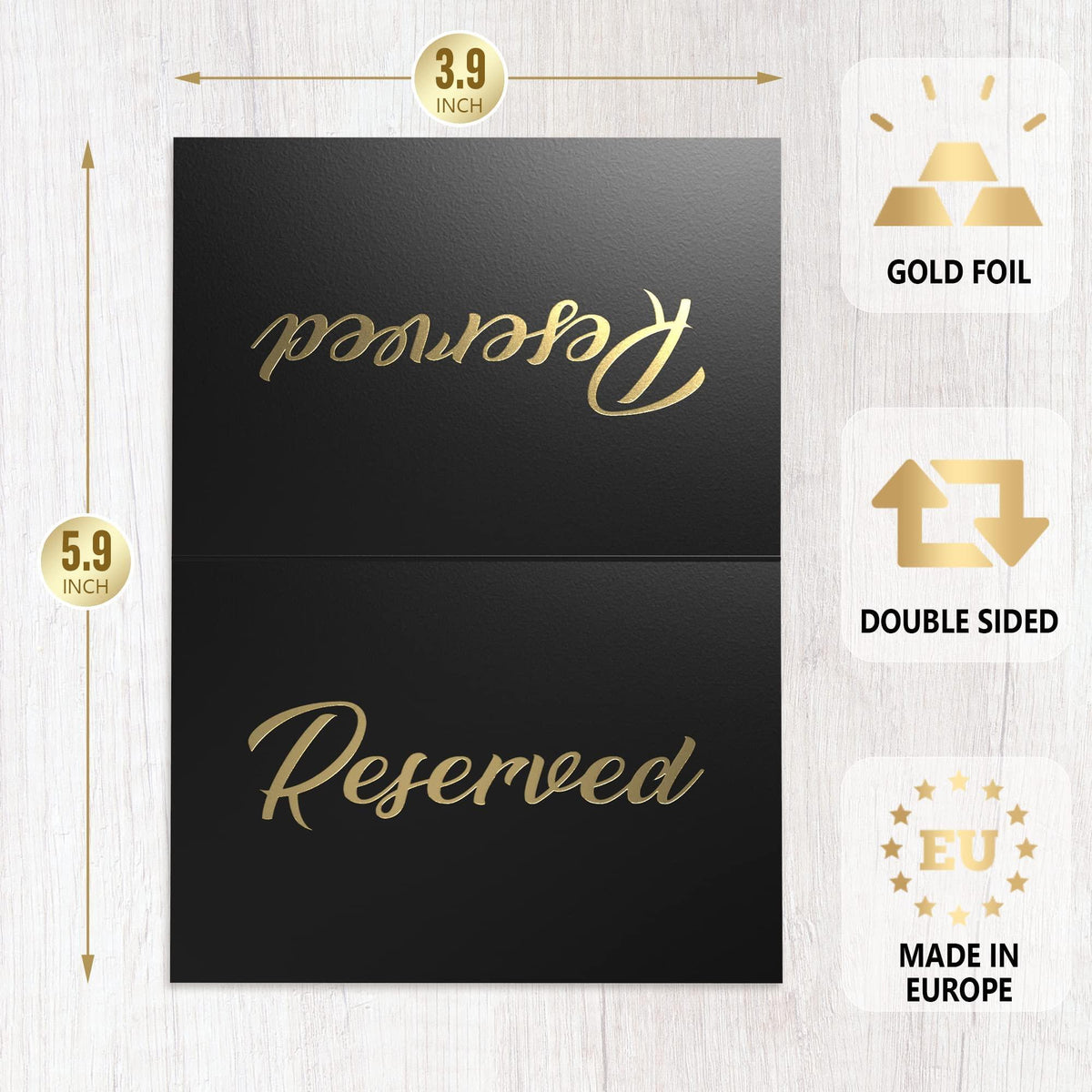 Black double-sided tent cards with gold-foil “Reserved”, 3.9 x 5.9 inch