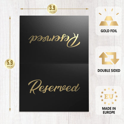 Black double-sided tent cards with gold-foil “Reserved”, 3.9 x 5.9 inch