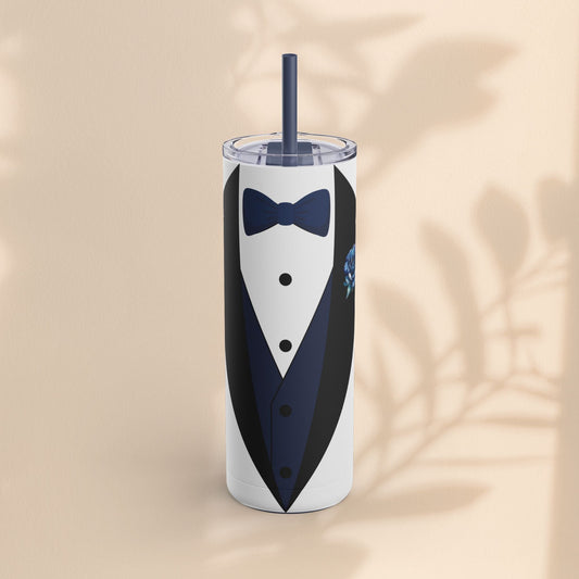 Matte white tumbler with navy tuxedo front and bowtie graphic, clear lid and dark straw