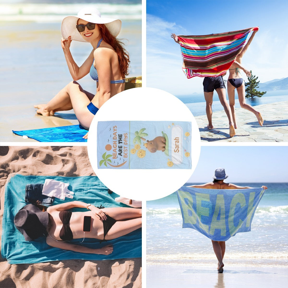 Beach towel showing bear and 'Beach Days' wording with Saran label on light blue fabric.