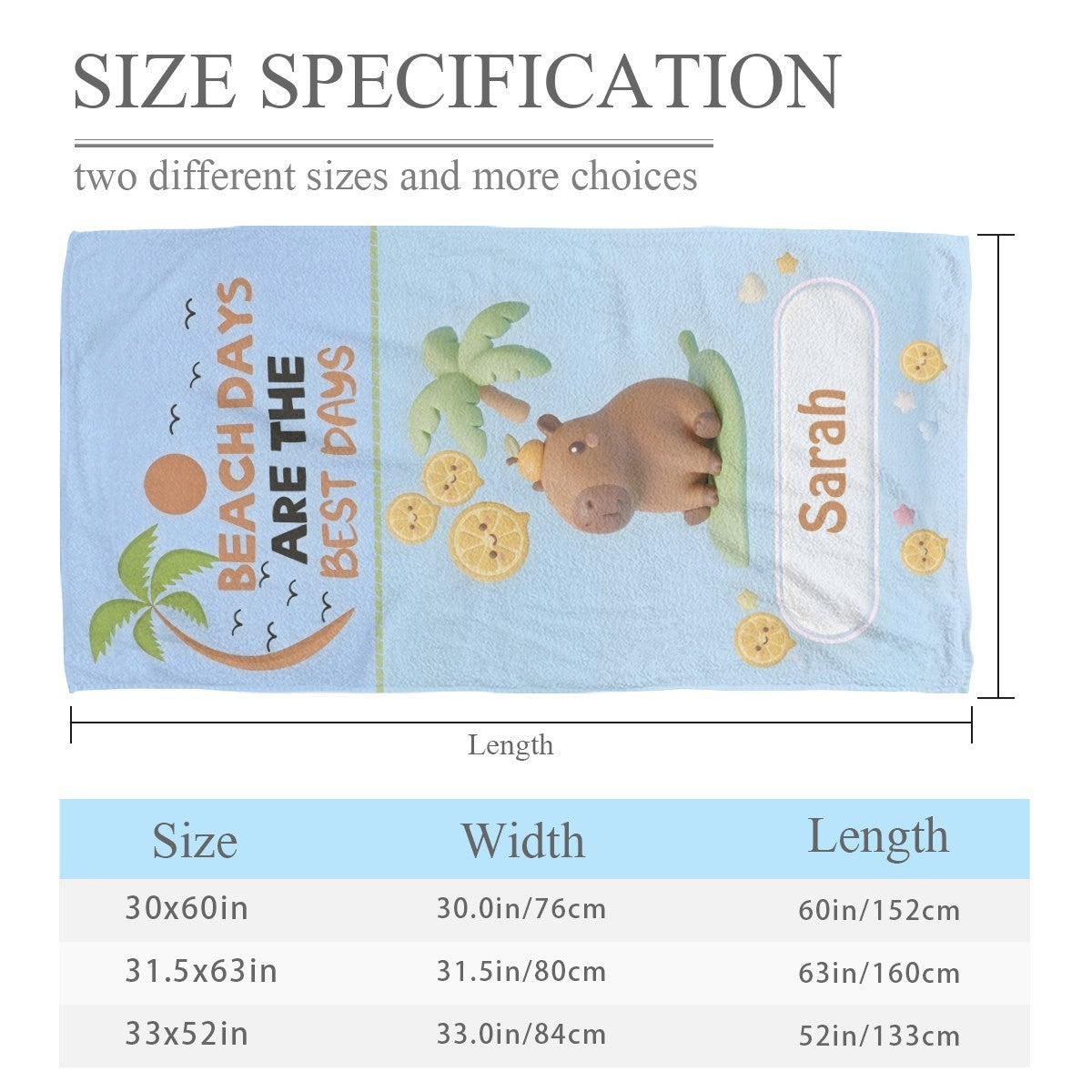 Light blue beach towel with bear and Saran patch; size options 30x60–33x52 in.