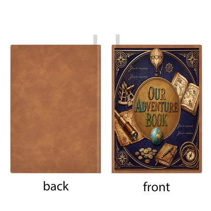 Navy adventure notebook with brown back cover shown side-by-side
