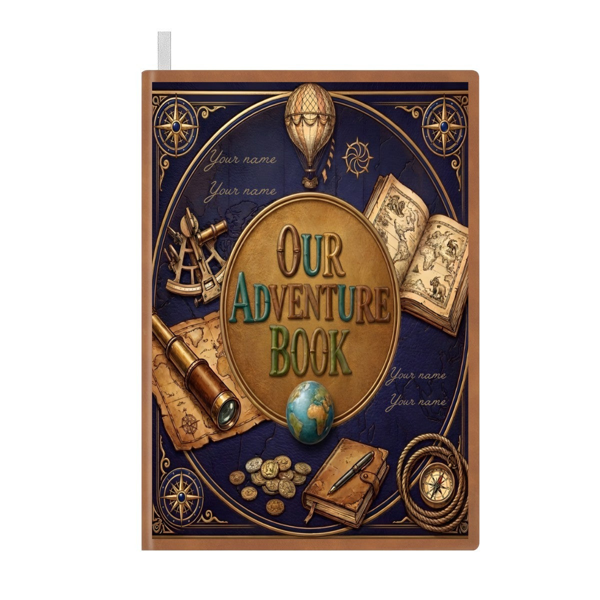 Navy adventure notebook with gold “Our Adventure Book” front design