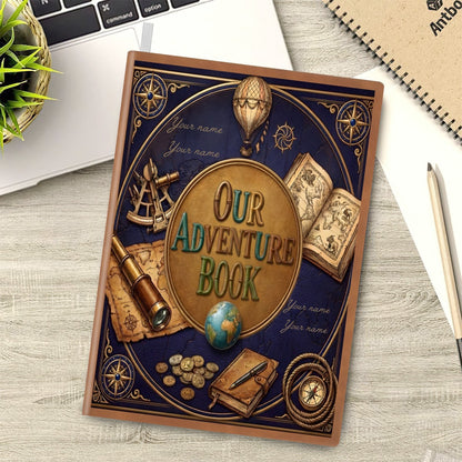 Adventure notebook lying on a desk with navy themed cover art