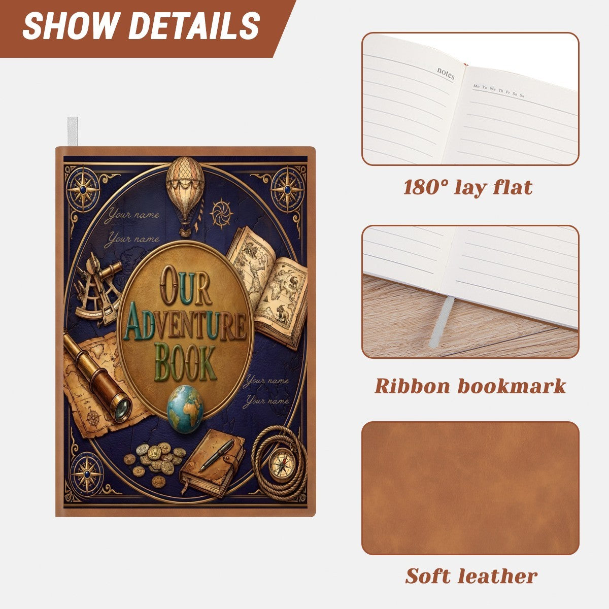 Navy adventure notebook; ribbon bookmark and soft leather cover details