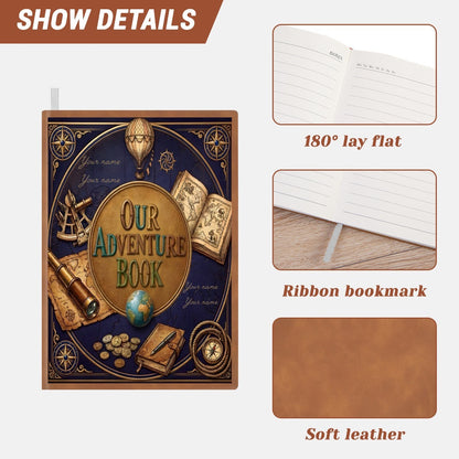 Navy adventure notebook; ribbon bookmark and soft leather cover details