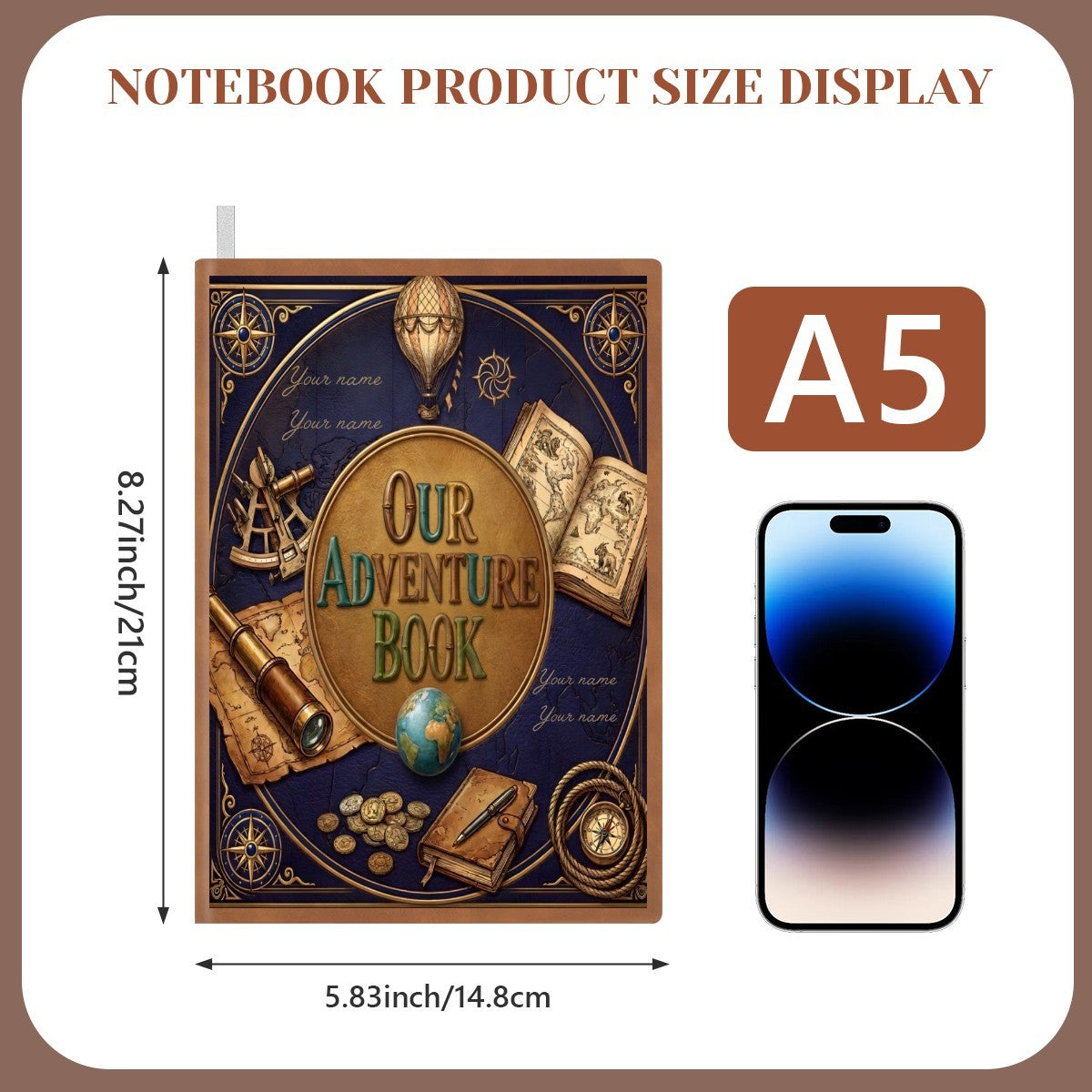 A5 adventure notebook size display with dimensions and cover art preview