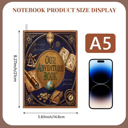 A5 adventure notebook size display with dimensions and cover art preview