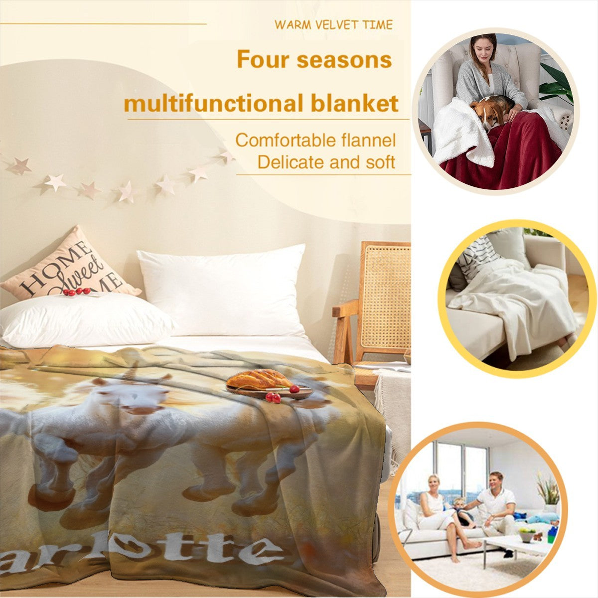 Unicorn name blanket on bed with three white horses and gold sparkle, name Charlotte