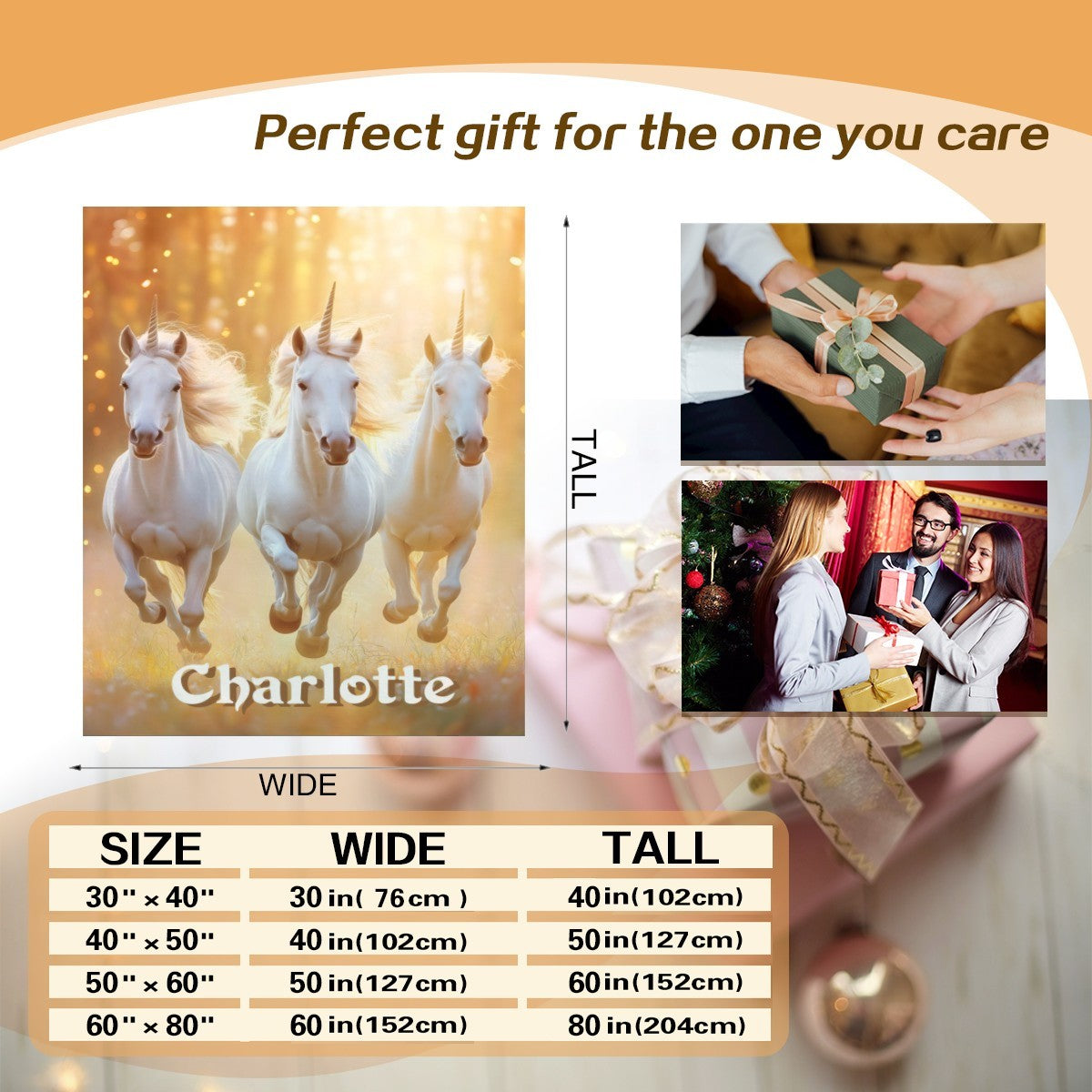 Unicorn name blanket layout with three white horses and gold sparkle, name Charlotte