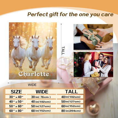 Unicorn name blanket layout with three white horses and gold sparkle, name Charlotte