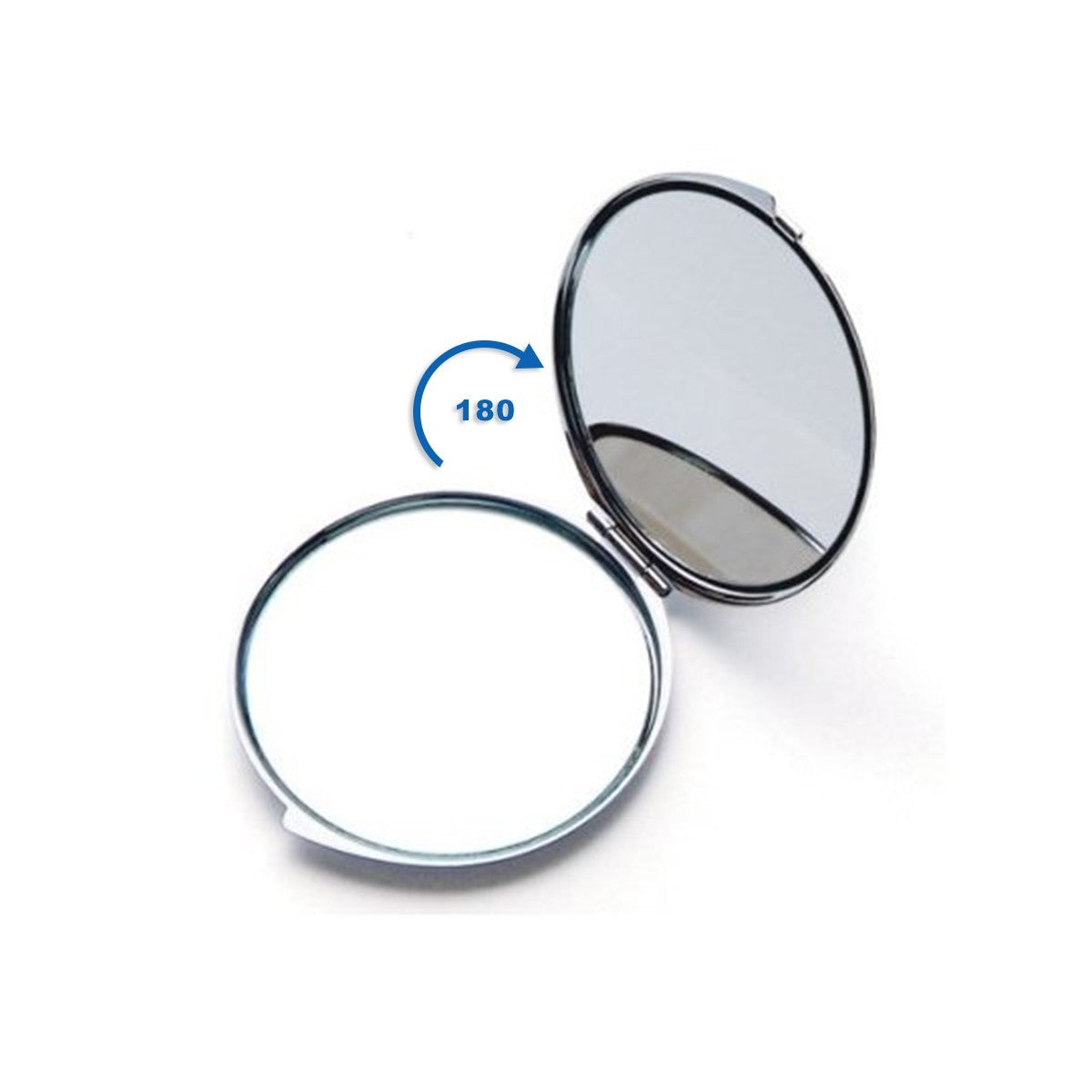 Open silver compact mirror with two round mirrors and a 180-degree hinge