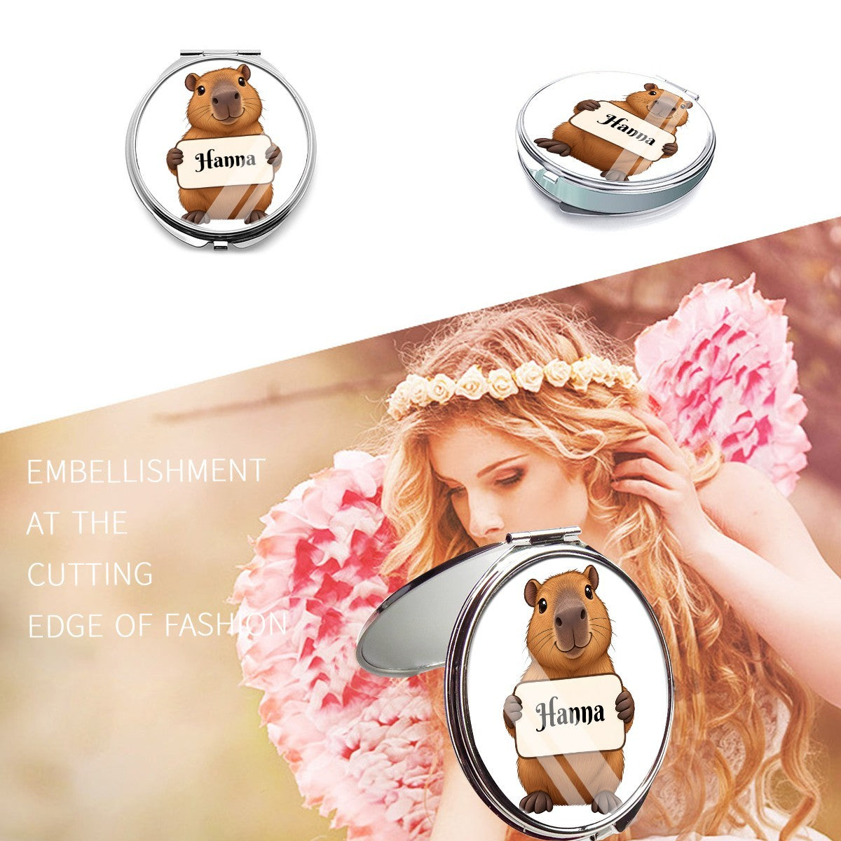 Capybara compact mirror shown closed and open
