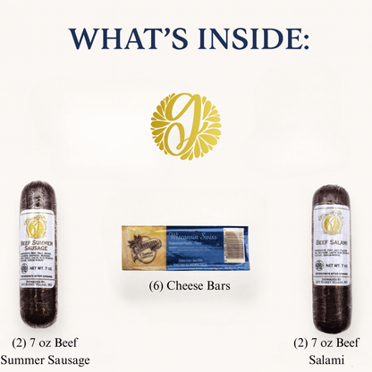 Meat and cheese gift basket items showing salami tubes and cheese bars