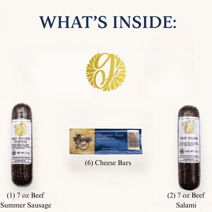 Meat and cheese gift box with two beef sausage links and six cheese bars