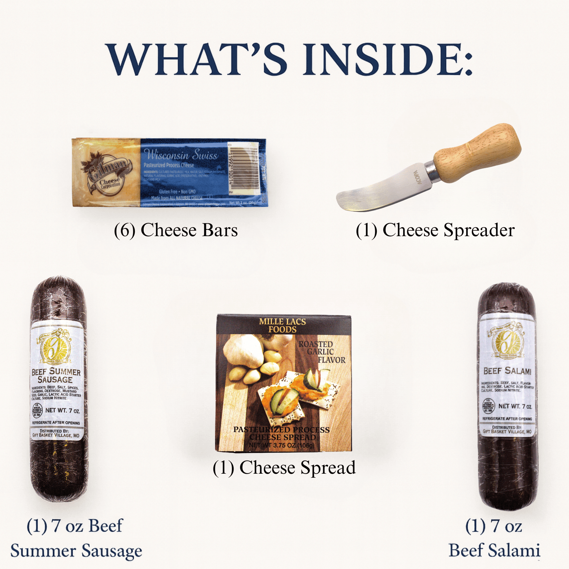 Deluxe meat and cheese gift box contents: cheese bars, cheese spread, and sausage