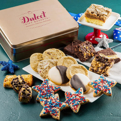4th of July cookie gift tin with star, chocolate, and frosted cookies