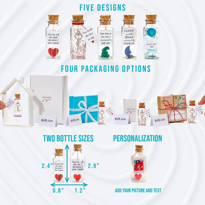 Message bottle gift set packaging options with five designs and two bottle sizes chart