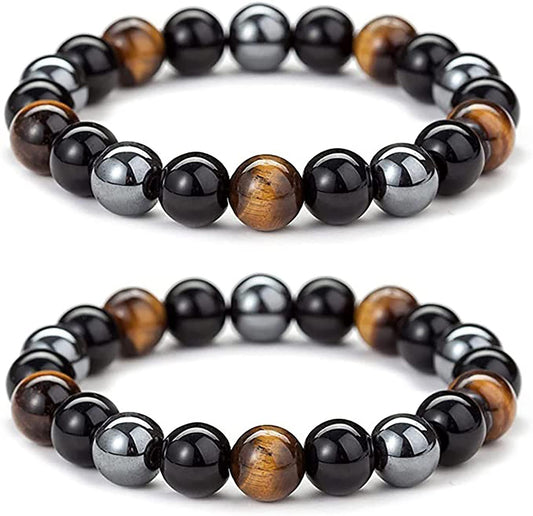 Beaded bracelet pair with dark black and brown stones, hematite accents and tiger-eye beads